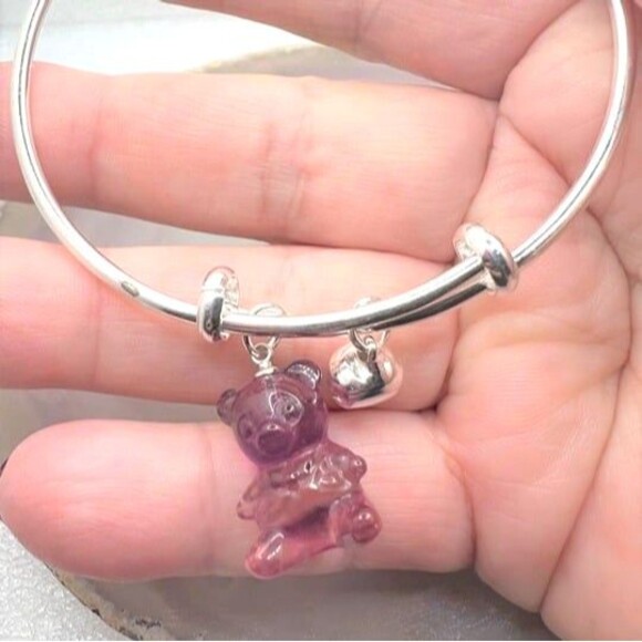 Adorable Bangle Bracelet with Fluorite Bear and Bell - Picture 3 of 5